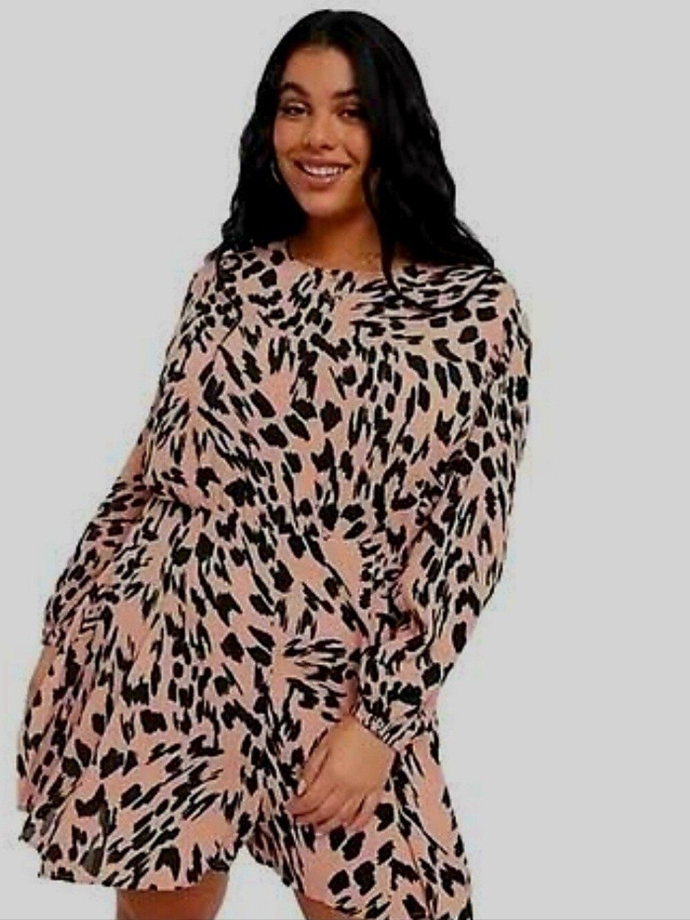 NWT Asos Long Sleeve Floaty Romper Peach Black Animal Print Open Back Viscose 6